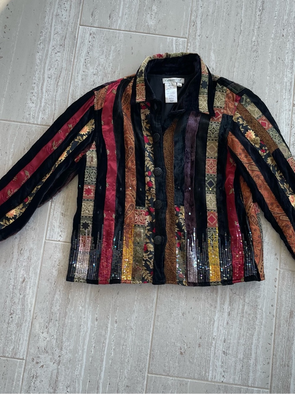 Coldwater Creek Velvet Patchwork Jacket PM Sequins Multi Floral Paisley Boho